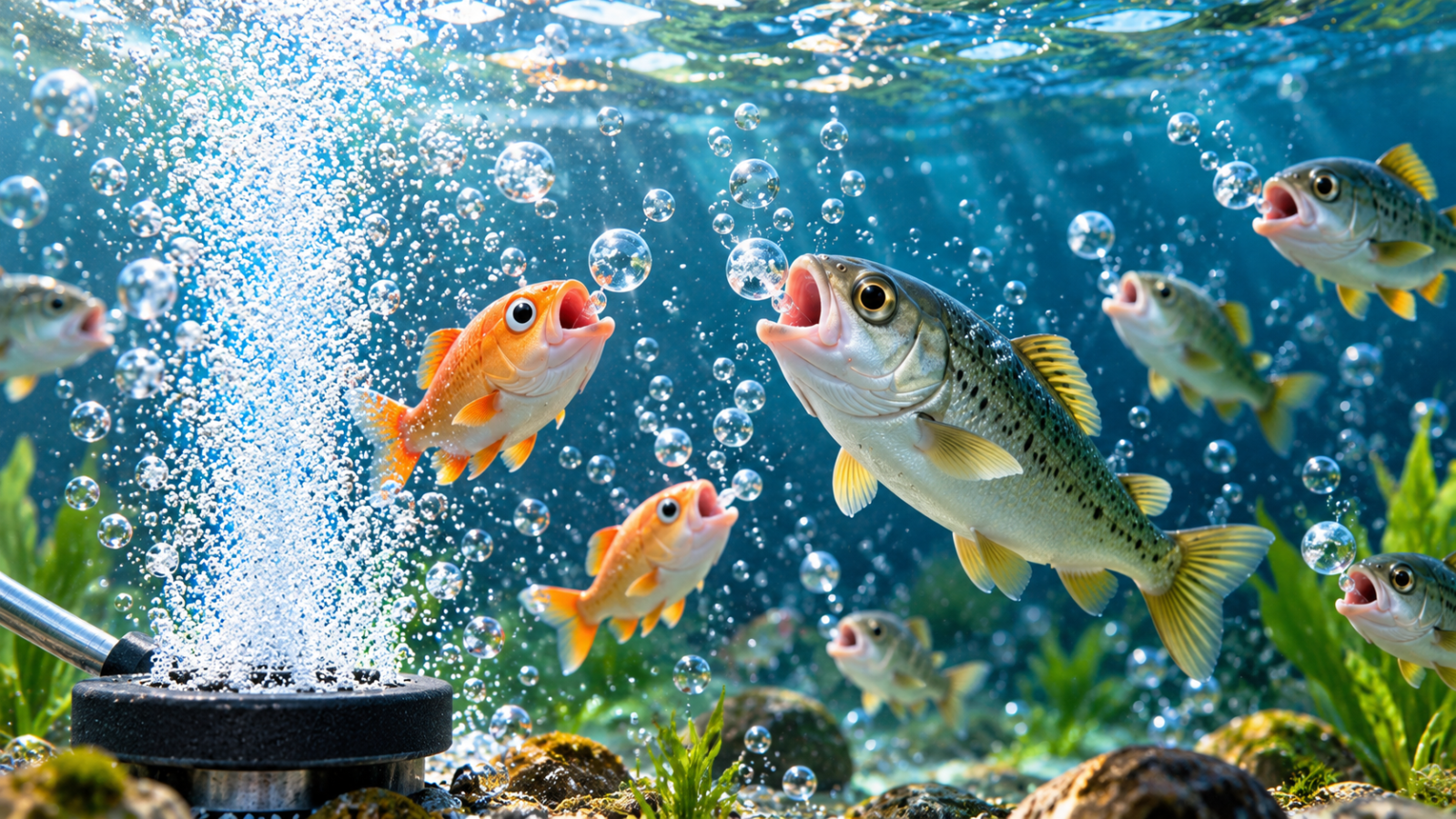 Microbubbles rising through an aquaculture tank as fish swim through the bubble-rich water